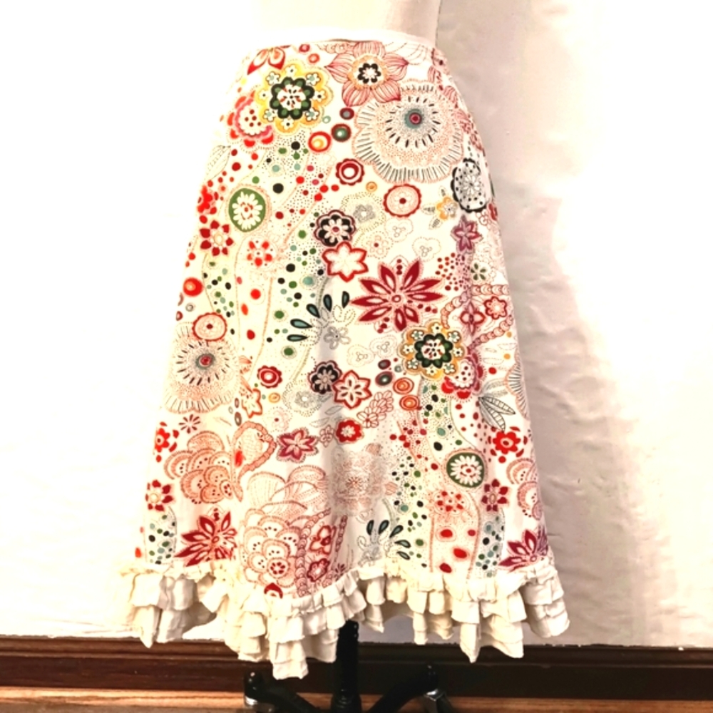 Acorn abstract floral & paisley cotton A-line skirt W tiers of ruffles. Sz 4.